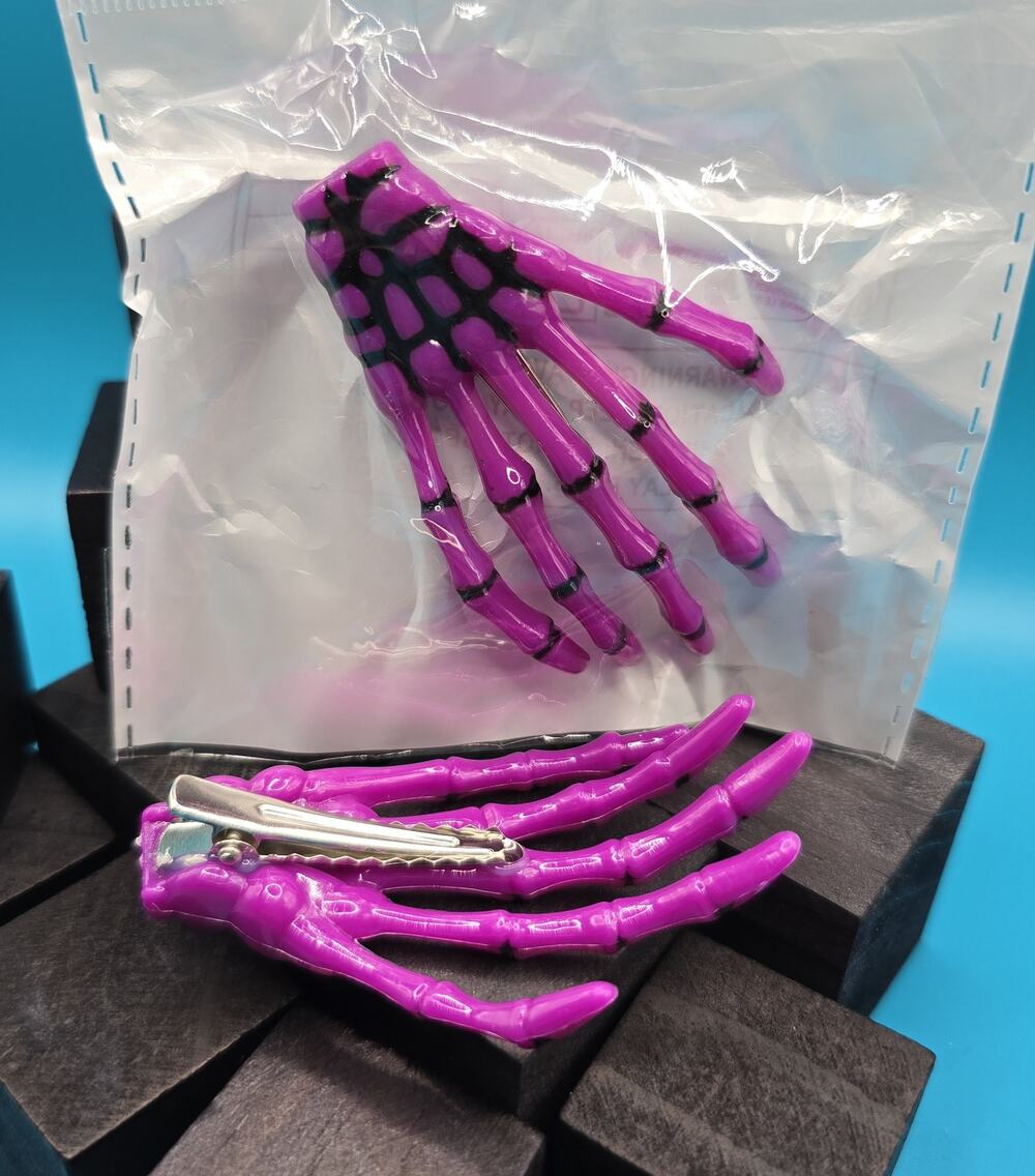 Purple Skeleton Hand Hair Clips Set of 2 Gothic Halloween Bone Accessories